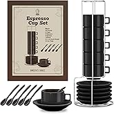 Houseables Espresso Cup Set, Espresso Cups Stackable, Expresso, Demitasse, with Saucers, Stand, Spoons, Coffee Mugs, Juego De Tazas Para Cafe, Porcelain, Stacking, 19 Pieces, Set of 6, 2.5 oz, Black