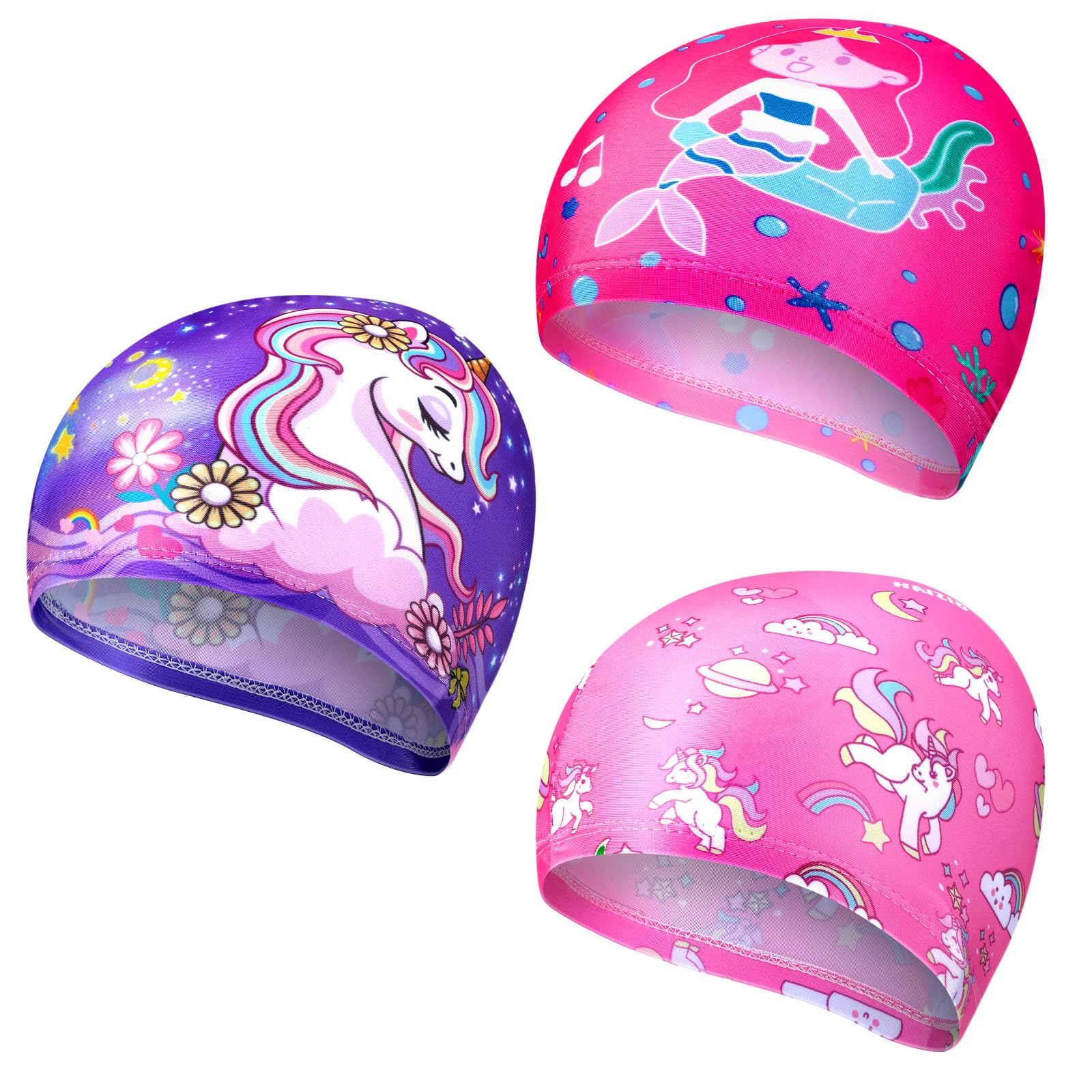 Photo 1 of Geyoga 3 Pcs Kids Swim Caps for Boys Girls Age 2-12 Swimming Hat Pool Cap Child Swim Hat for Toddler Youth (Purple, Pink,Dreamy Style)