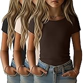 LessonZoo 3 Pack Girls Short Sleeve Shirts Ribbed Knit Cotton Slim Fit T Shirts Basic Boat Neck Tops Casual Summer Tees