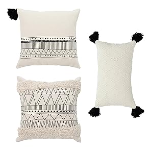 Cozi Abode Geometric Decorative Throw Pillow Covers Set of 3 18 X 18” 12 X 20” for Bed/Sofa Woven Tassels Tufted Modern Design Black and Cream