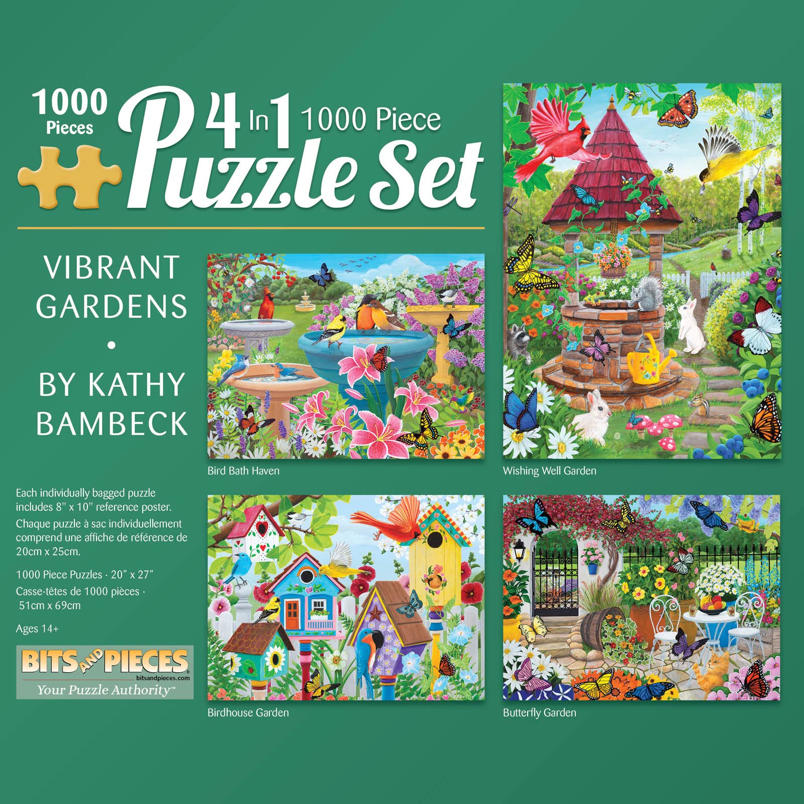 Bits and Pieces - Vibrant Gardens Multipack 4-in-1 Puzzle Set - 1000 Piece Jigsaw Puzzles for Adults - Each Puzzle Measures 20" x 27" - Floral Jigsaw by Artist Kathy Bambeck