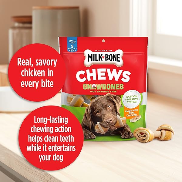 MILK-BONE CHEWS GNAWBONES RAWHIDE FREE DOG TREATS, CHICKEN, 5 LONG LASTING SMALL/MEDIUM KNOTTED BONES