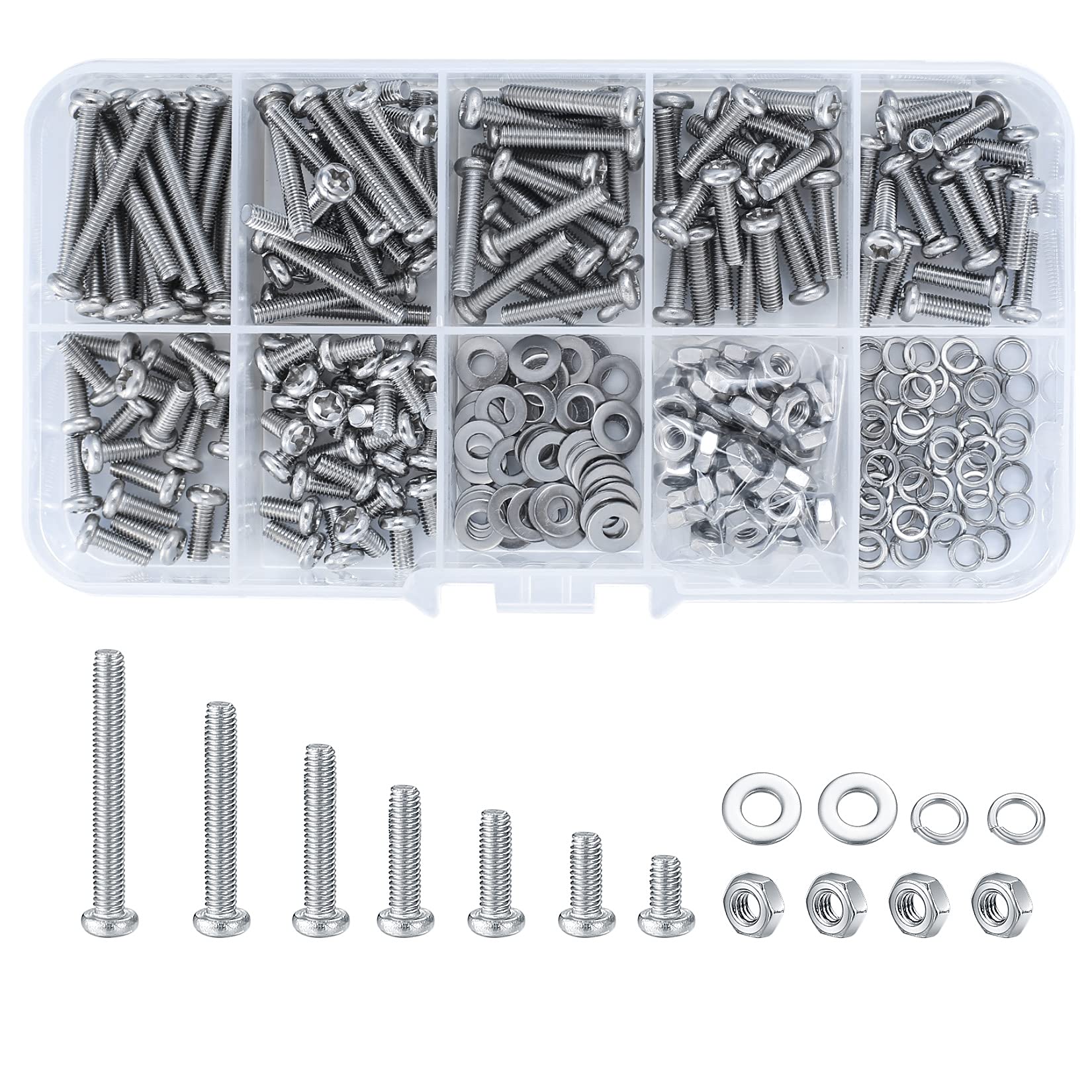 Aoyfuwell 300 Pcs M3 Bolts and Nuts Set,Stainless steel Cross Pan Head Machine Screws and Hex Bolts and Nuts Sets,With flat and locking washer