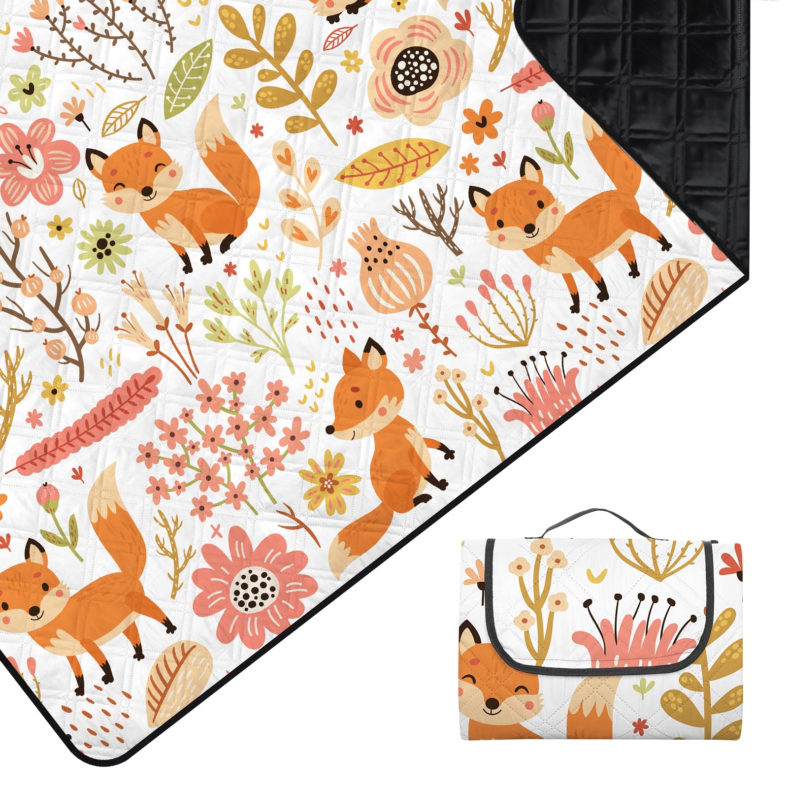 Outplea Waterproof Picnic Blanket 200x200cm Machine Washable for Family Kids, Large Padded Quilted Picnic Mat Outdoor Rug Sandproof for Camping Beach Garden, Foxes Pattern