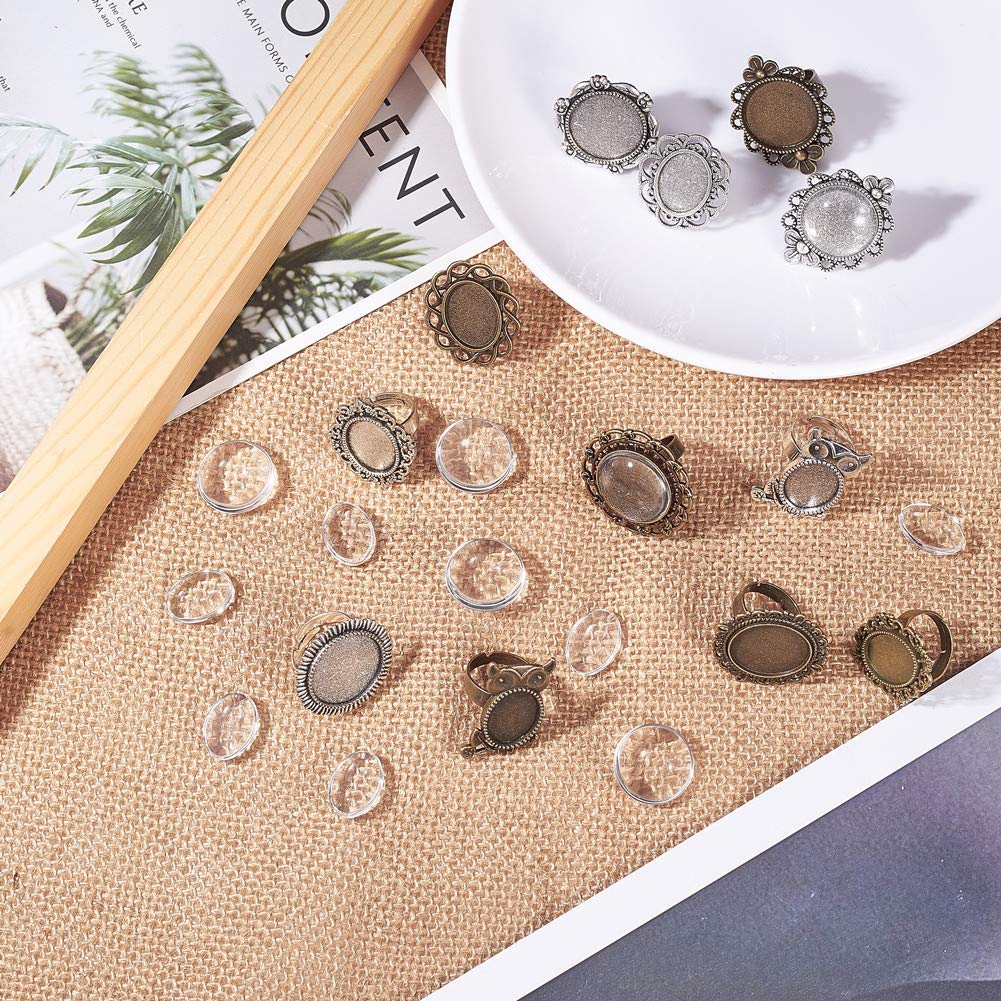 SUNNYCLUE 24pcs Mixed Adjustable Ring Blanks Cabochon Jewelry Making Kit Finger Ring Settings Clear Glass Cabochons Oval Round for Jewelry Making Adult Crafting, Antique Silver Bronze