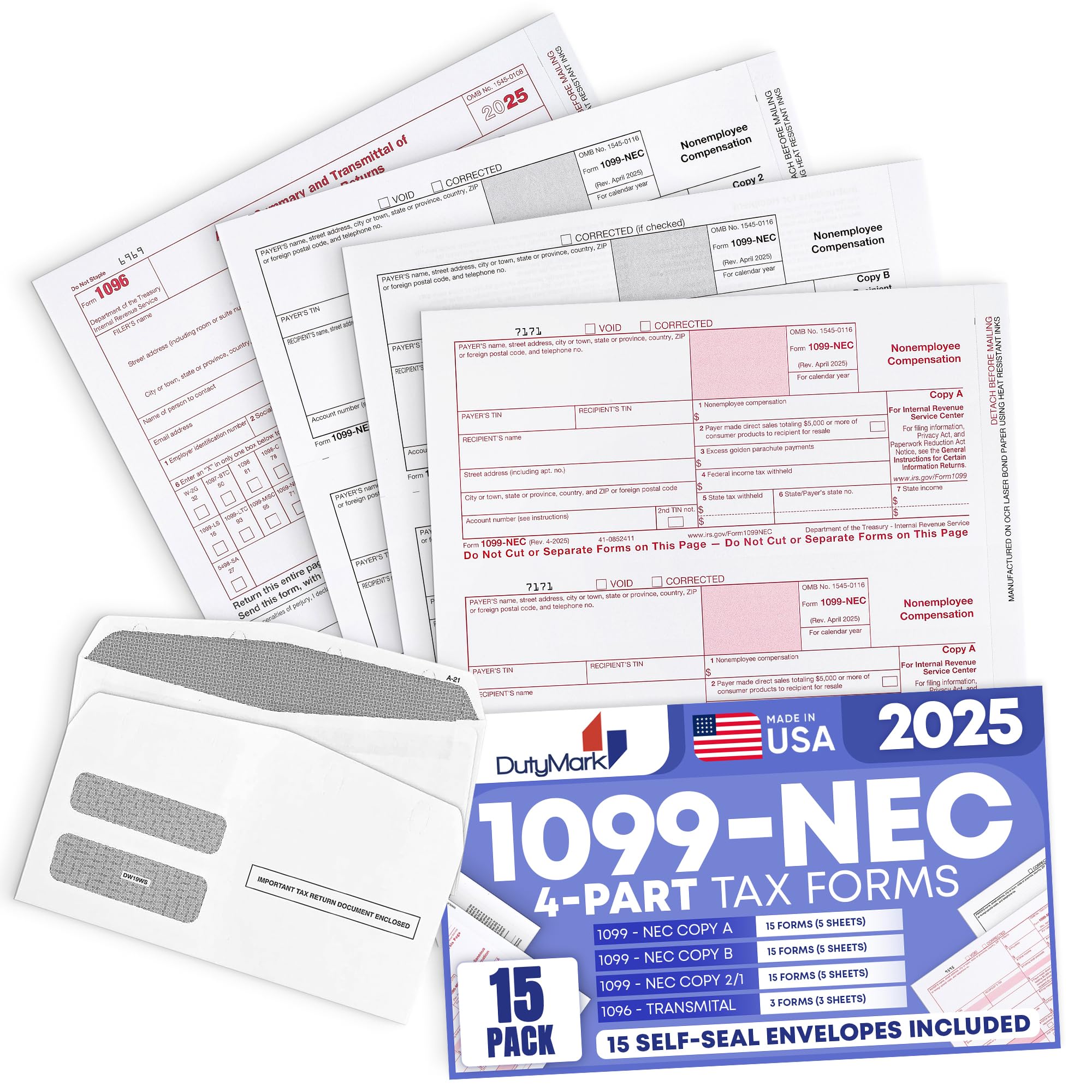 Photo 1 of 1099 NEC Tax Forms 2025 with Envelopes, 4 Part 15 Pack Tax Forms Kit and 15 Self-Seal Envelopes –Great for QuickBooks and Accounting Software, Value Pack for Business - Made in The USA - 15-Pack