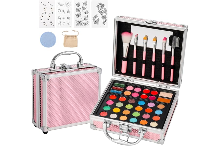 Anpro All-In-One Makeup Kit for Girls 10-12 with Case, Pro Teen Makeup Set, Tween Makeup Kit, Full Starter Make Up Kit with Brushes, Eyeshadow Palette, Blushes, Glitter Gel, Temporary Tattoo Stickers