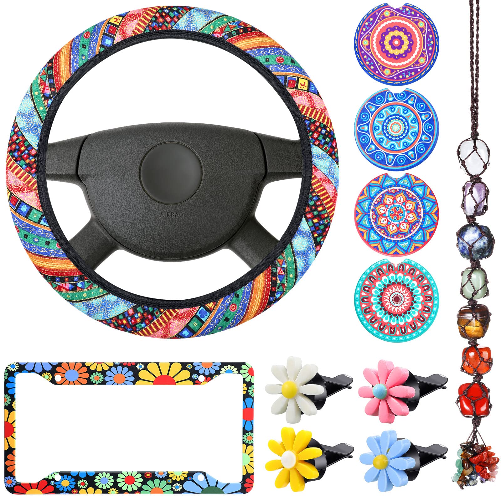 Photo 1 of 11 Pcs Mandala Car Accessories Set, Mandala Steering Wheel Cover Ceramic Cup Mats Flower Air Vent Clip Handmade Crystal Car Hanging Ornaments License Plate Cover for Women Decor