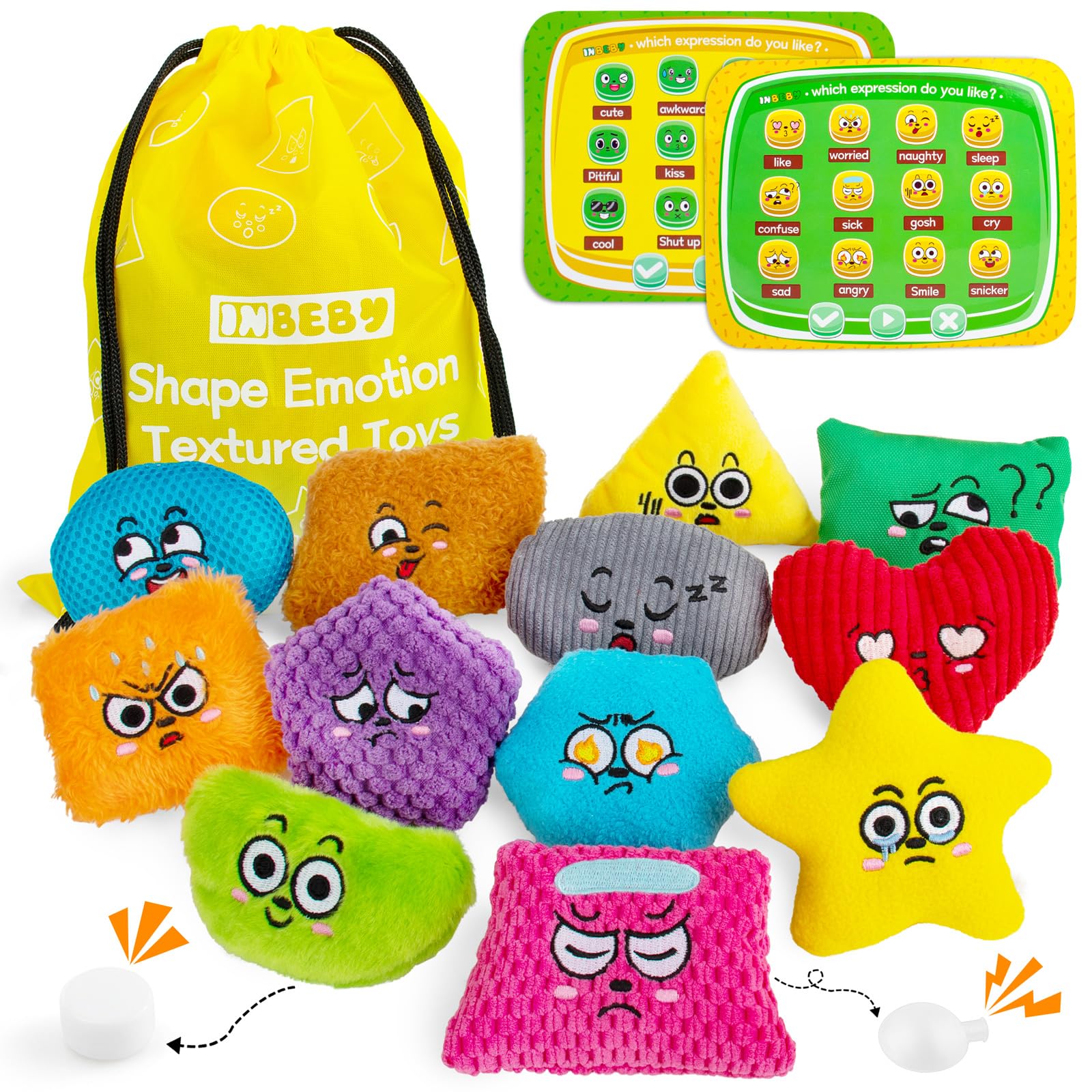 Inbeby Sensory Bean Bags, 12 Fidget Sensory Toys with Emotion Cards for Autism, Texture Shape Sensory Bean Bags, Sensory Toys for Toddlers Kids Sensory Play Tactile Emotions Face Feelings