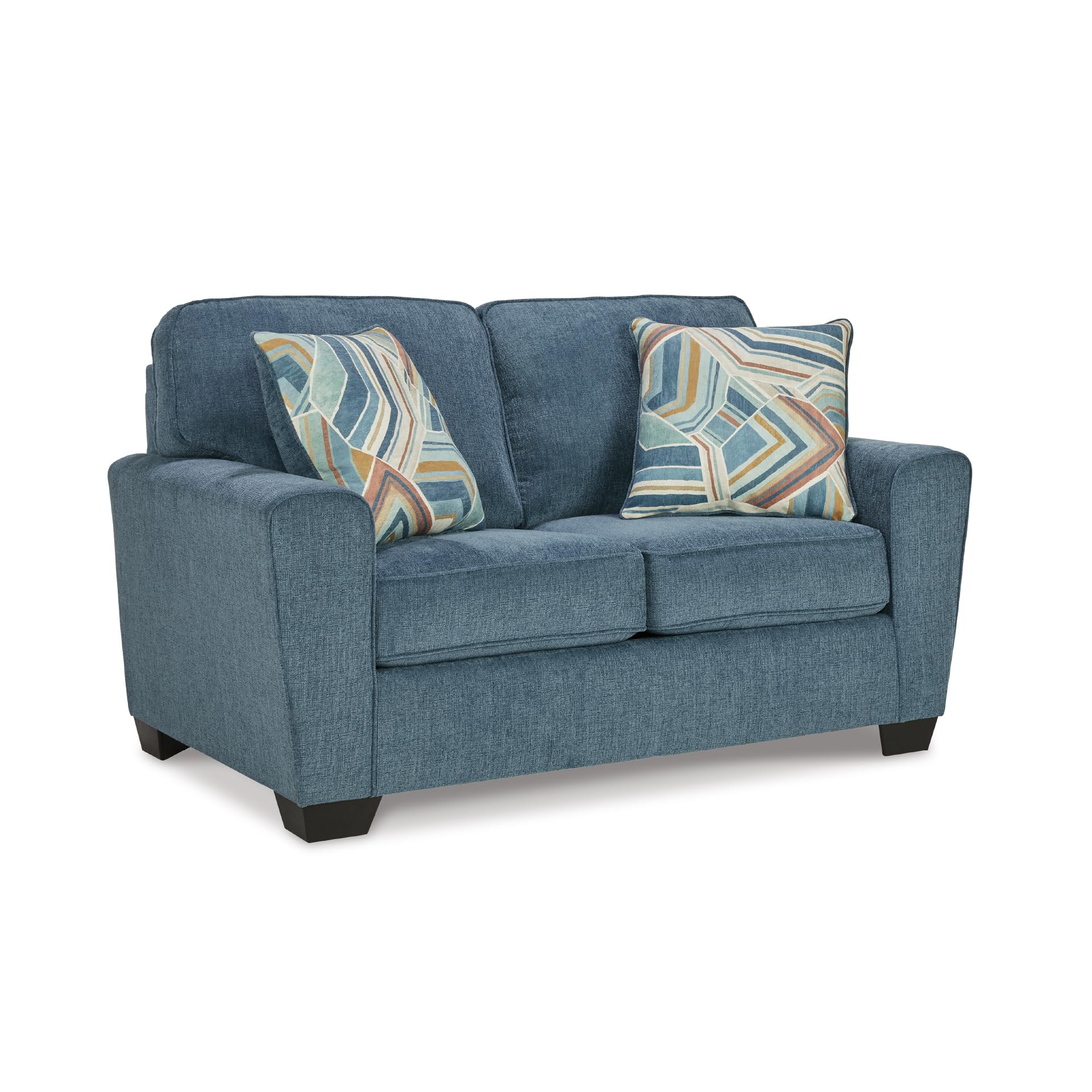 Photo 1 of Signature Design by Ashley Cashton Contemporary Loveseat, Exposed Feed With Faux Wood Finish, Accent Pillows, Fabric Upholstery, 63" W x 38" D x 39" H, Blue