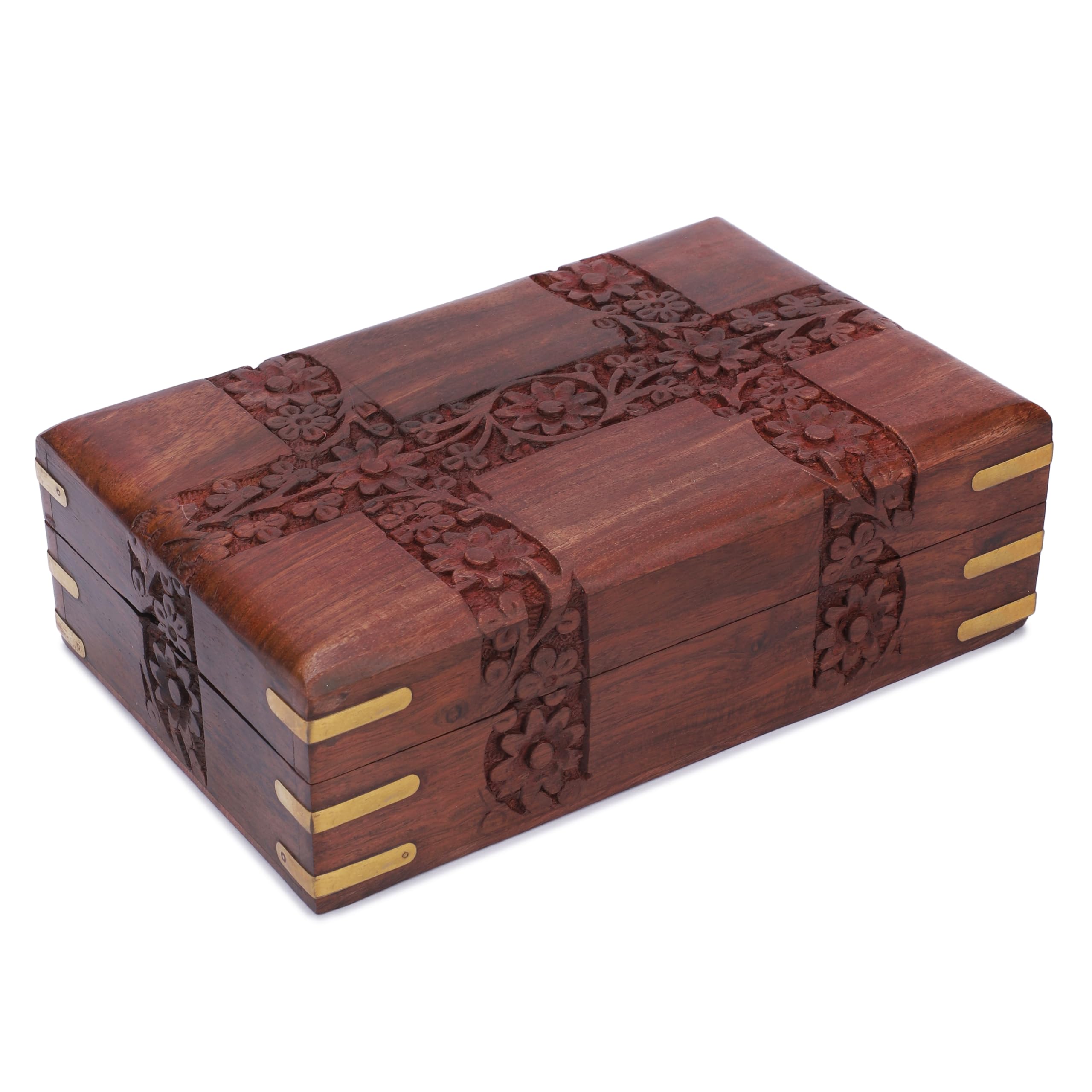 Ajuny Beautiful Wooden Handcrafted Decorative Jewelry Storage Box Patti Leaf Flower Carvings Multipurpose Treasure Chest Organizer Travel Keepsake Trinket Holder Watch Box Gifts - 8X5 Inch