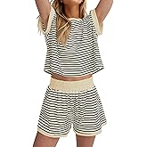 MISSACTIVER 2 Piece Lounge Set Women Stripe Knit Short Sleeve Tee Shirts Shorts Casual Summer Loungewear Shorts Sets