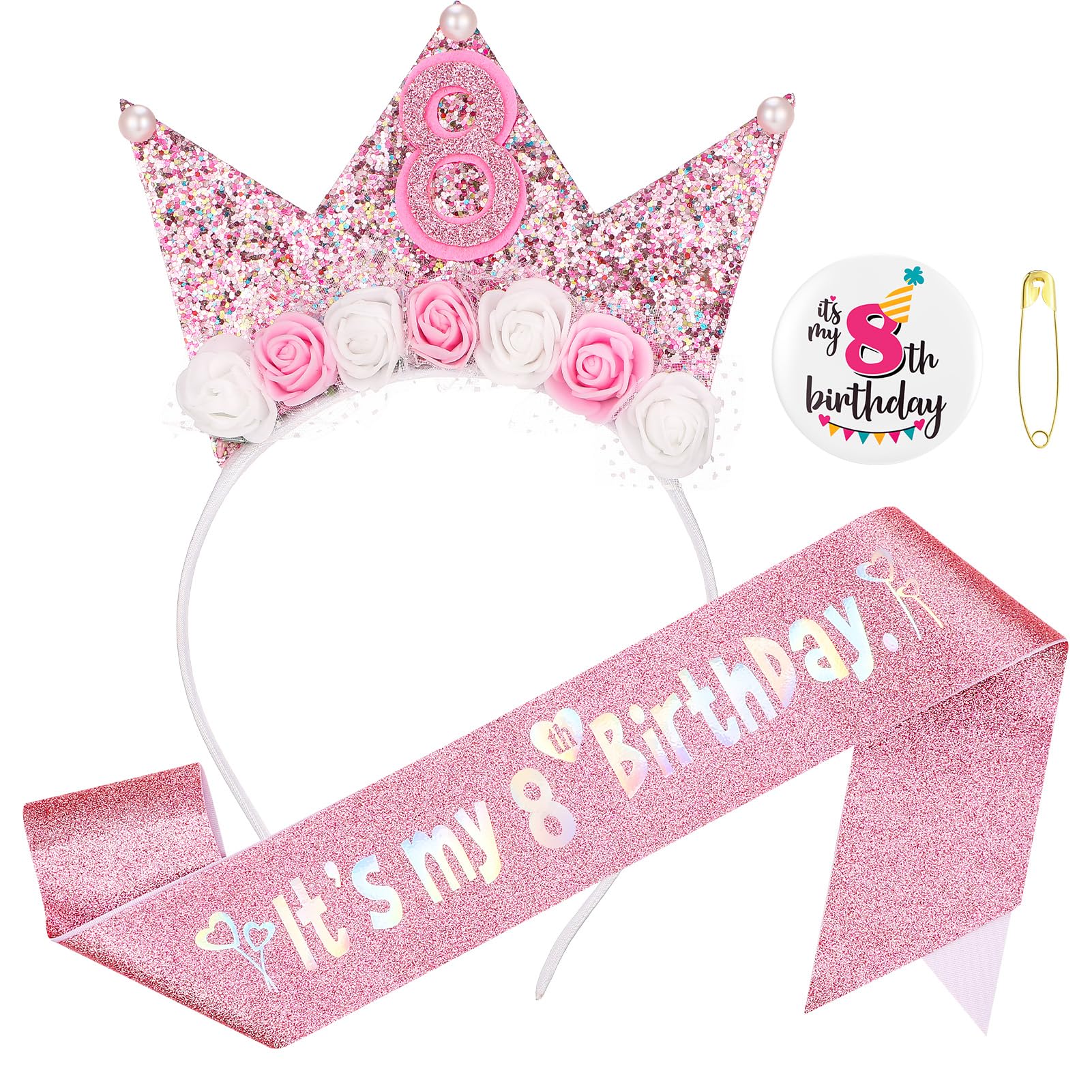 GSrenyu 8th Birthday Decorations for Girls,Headband Glitter Sash and Badge Set for 8 Year Old Girls Birthday Decorations,Flower Princess Crown Headband
