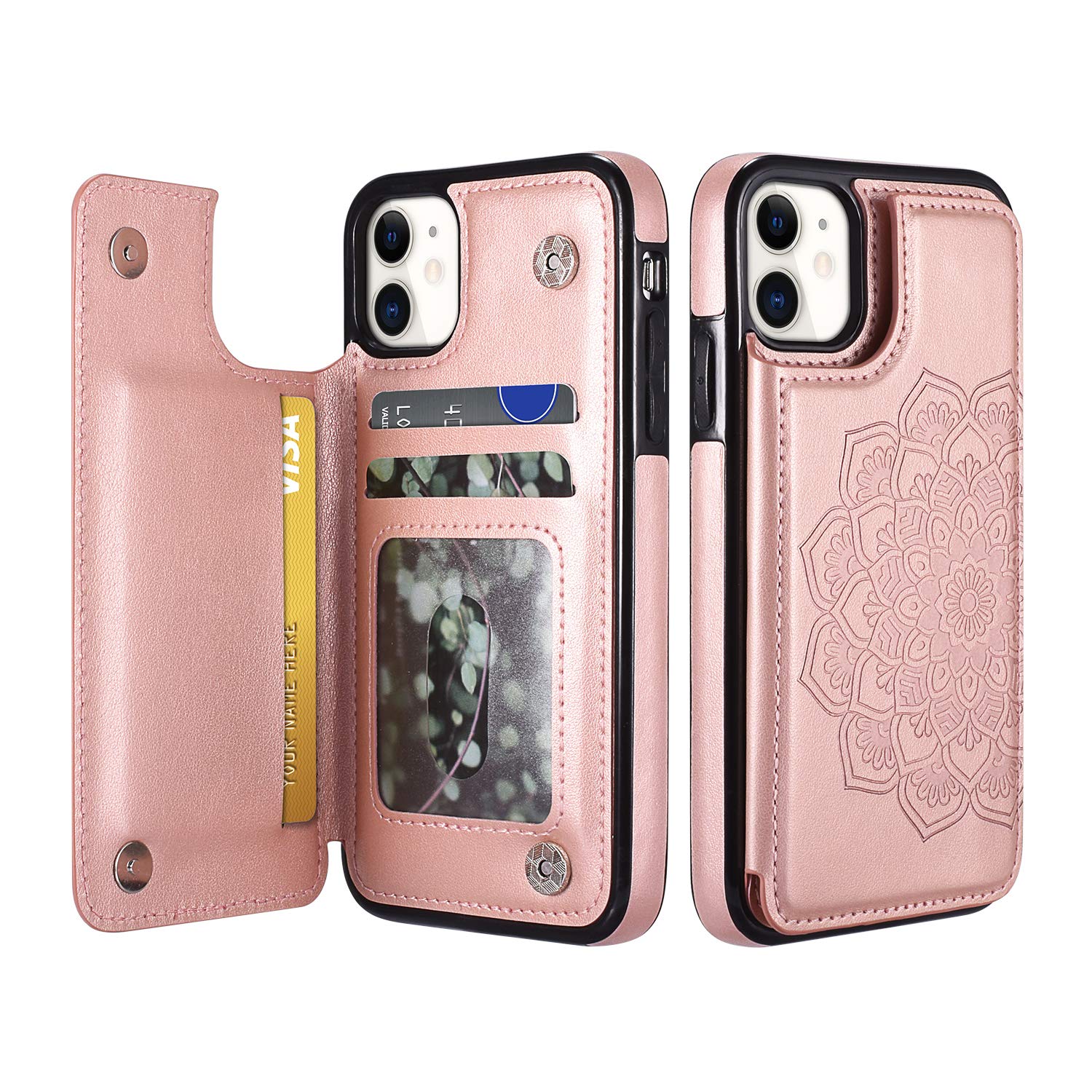 UEEBAI Case for iPhone 12 iPhone 12 Pro 6.1 inch, Luxury PU Leather Case [Two Magnetic Clasp] Card Slots Stand Function Embossed Mandala Pattern Half Flower Durable Back Wallet Cover - Rose Gold#3