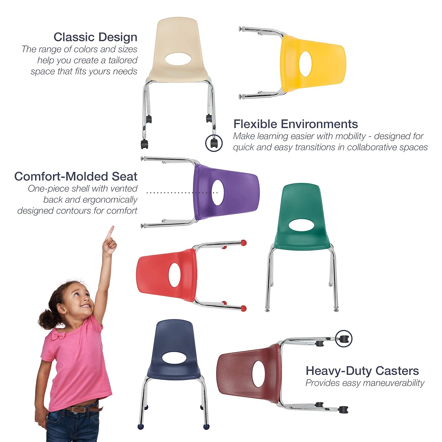 Factory Direct Partners - 10372-BK -10372 18" Mobile School Chair with Wheels for Kids, Teens and Adults; Ergonomic Seat for in-Home Learning, Classroom or Office - Black (2-Pack): Industrial & Scientific