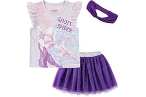 Marvel Spider-Gwen Ghost Spider Girls Short Sleeve Shirt and Tulle Tutu Skirt with Headband Set for Toddler and Big Kids