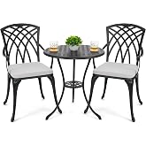 NUU GARDEN Bistro Set 3 Piece Outdoor Cast Aluminum Patio Bistro Set Patio Table and Chairs Set of 2 with Umbrella Hole and Gray Cushions, Black