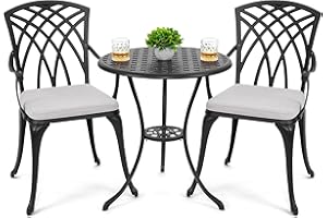 NUU GARDEN Bistro Set 3 Piece Outdoor Cast Aluminum Patio Bistro Set Patio Table and Chairs Set of 2 with Umbrella Hole and Gray Cushions, Black