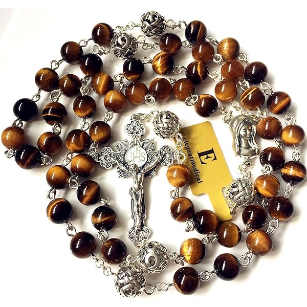 Handmade Tiger Eye Beads Rosary Necklace – Catholic Crucifix Pendant With Lourdes Medal (Pewter) - View #13