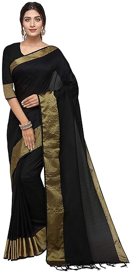 Womens Solid Cotton Silk Saree With Blouse Piece & Tassels