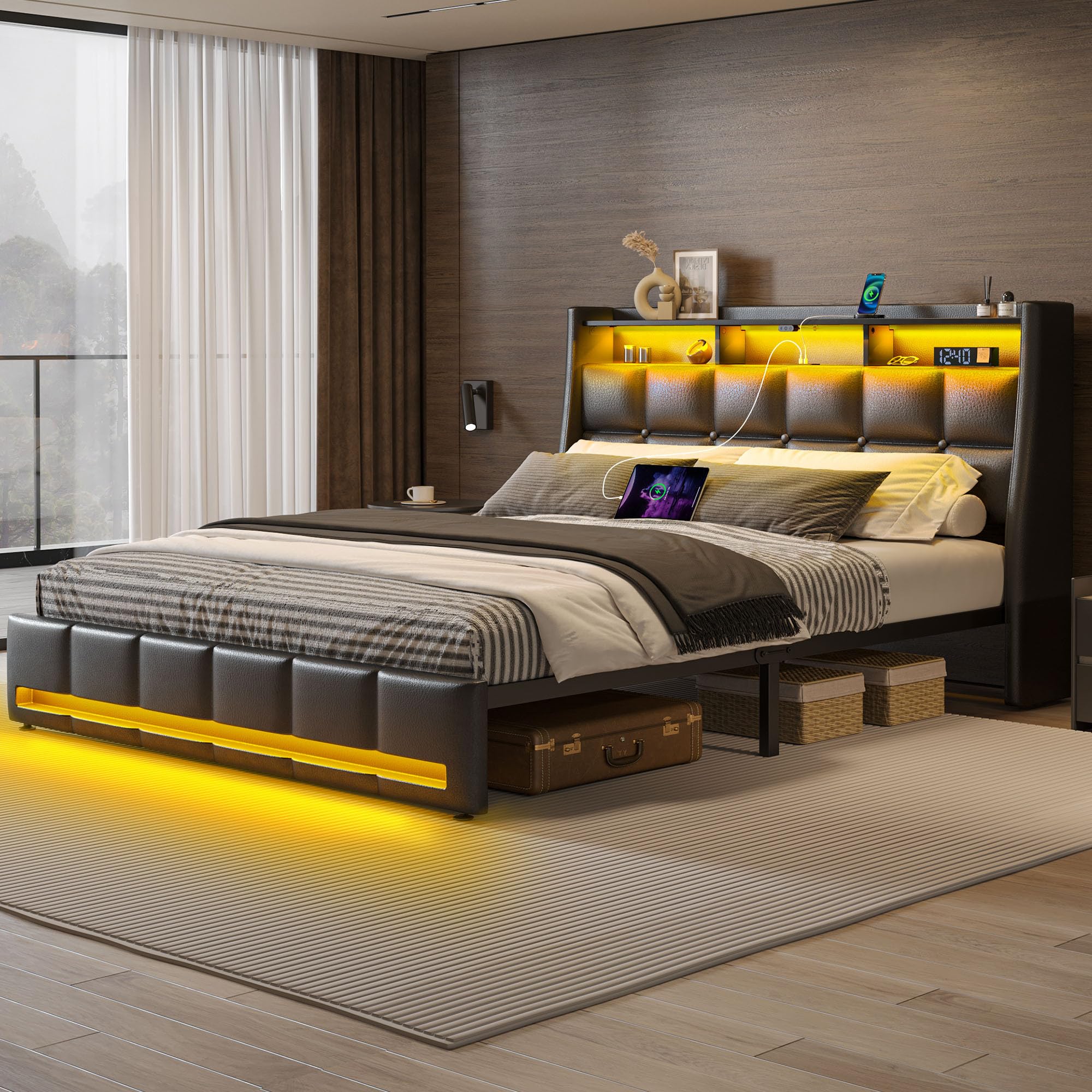 Rolanstar Queen Size Bed Frame with LED Lights and Charging Station, Upholstered Headboard with 2-Tier Storage Shelves, Heavy Duty Metal Frame, Noise-Free Support, Easy Assembly, No Box Spring Needed Image