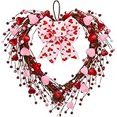CRCZK Valentines Day Wreath for front door Valentines Day Decorations-16Inch Red Pink Heart Wreath with Artificial Hearts & Berries Valentine's Day Bow Wreaths for Indoor/Outdoor Valentine's Day Decor