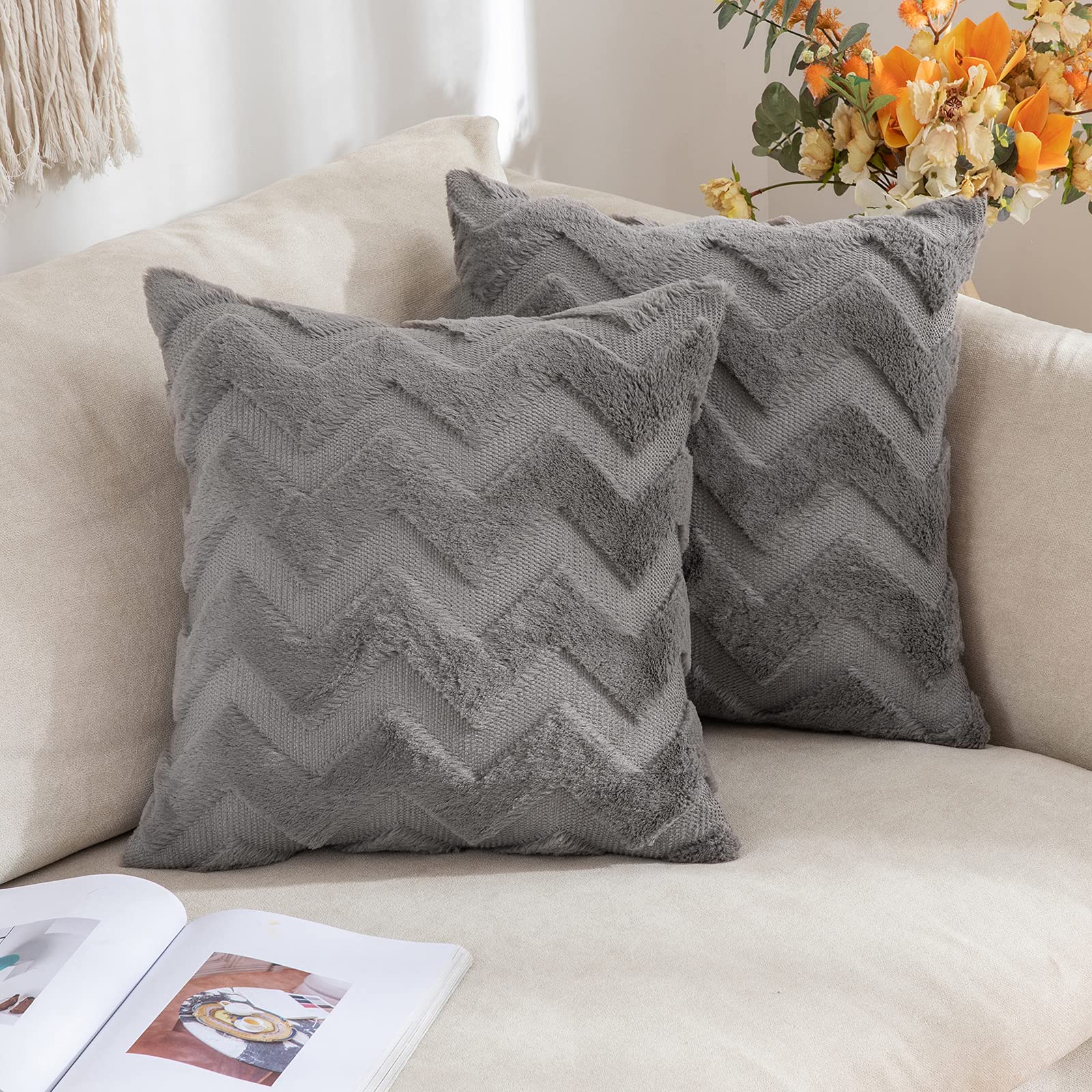 MIULEE Set of 2 Cushion Covers in Artificial Wool and Artificial Suede with Wave Patterns on Two Sides Comfortable Pillowcase for Living Room, Bedroom, Sofa, 50 x 50 cm, Dark Grey