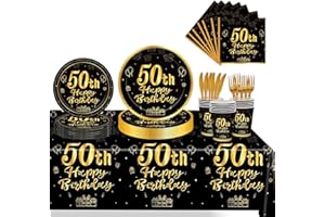 145Pcs 50th Birthday Party Supplies, Birthday Tableware Set Plates Napkins Cups Forks Knives Tablecloth, Gold Black Happy 50t