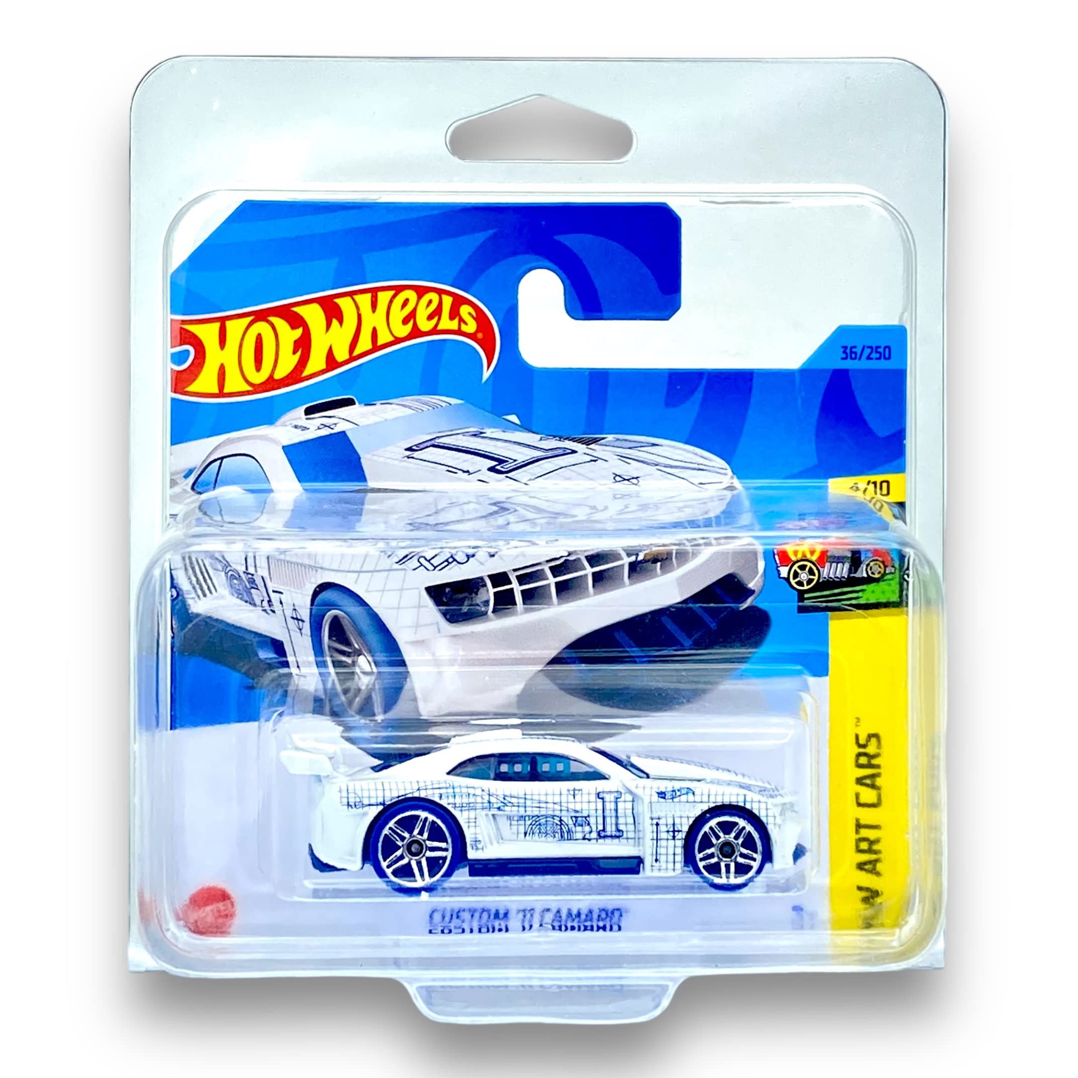 Hot Wheels Custom '11 Camaro (White & Blue) 4/10 HW Art Cars - 2023-36/250 (Short Card) - COMES IN A KLAS CAR KEEPER PROTECTIVE COLLECTORS CASE - HKK17