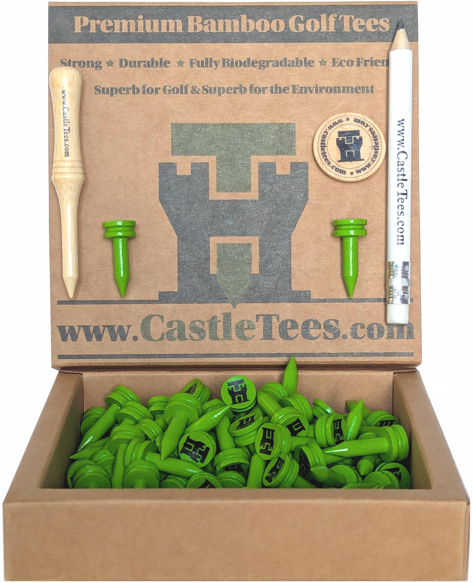 Castle Tees Official Green 80 Tee Pack x 25mm 1 inch Premium Bamboo Golf Tees with a Free Pitch Repair Tool, Ball Marker & Pencil. Twice the strength of regular bamboo very strong A Great Golf Gift