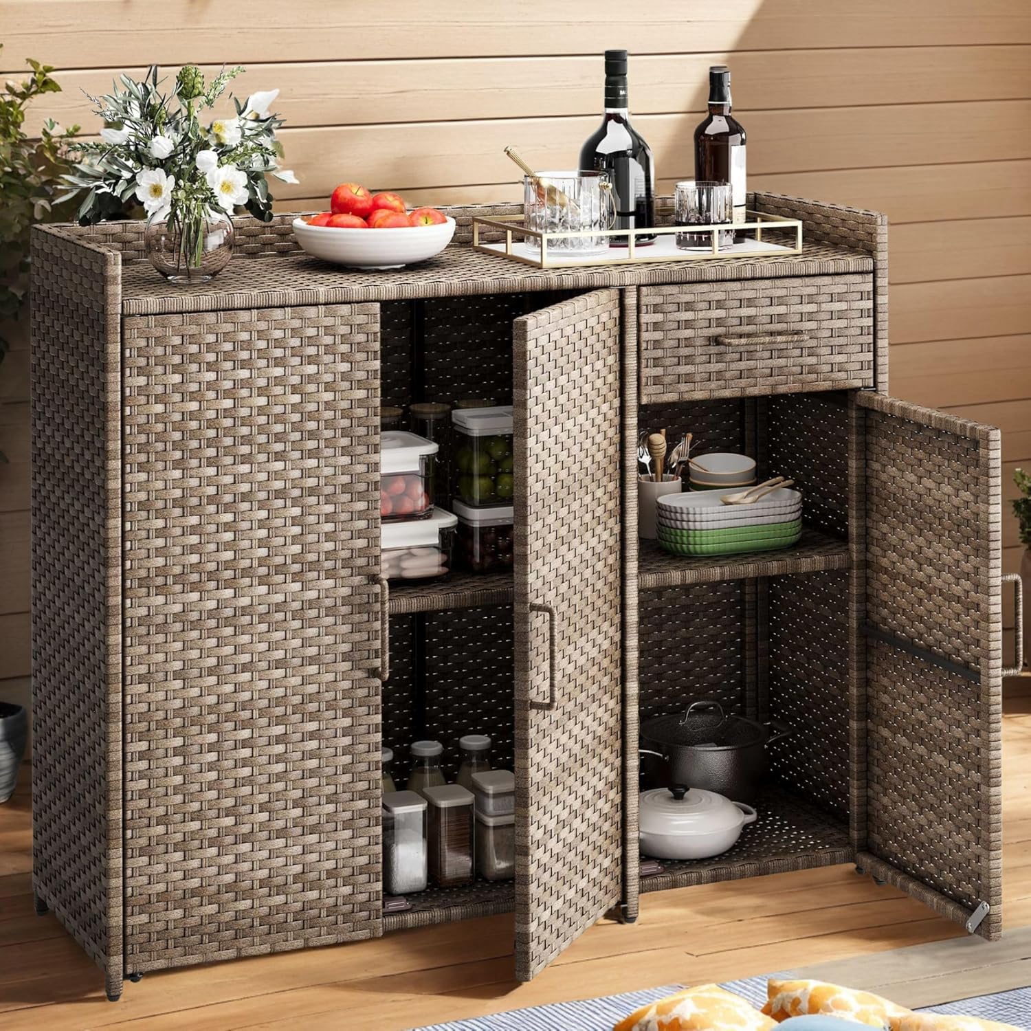 Photo 1 of **2 BOXES**DWVO Outdoor Storage Cabinet Patio Table with Two Doors, Adjustable Shelves & Foldable Drawer, Sideboard with PE Rattan for Pool Tool and Garden Tools, Brown