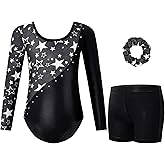 Gogokids Gymnastics Leotards for Girls Long Sleeve Sparkly Rhinestone Dance Unitard with Shorts & Scrunchie Activewear 3–12Y