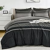 WONGS BEDDING 7 Pieces Comforter Set Queen Size, Dark Grey Black Striped Bed in a Bag Comforter and Sheet Set, Minimalist Geometric Soft Lightweight Micorfiber Bedding Set for All Season (90"×90")