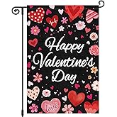 Louise Maelys Happy Valentine's Day Garden Flag Pink Love Heart Floral 12x18 Inch Double Sided Welcome Small Burlap Spring Holiday Yard Outdoor Outside Home House Decoration