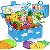 Baby Toys 6-12 Months, Montessori Sensory Garden Plush Set Vegetable Fruits, Baby Developmental Learning Toys with Rattle Squ