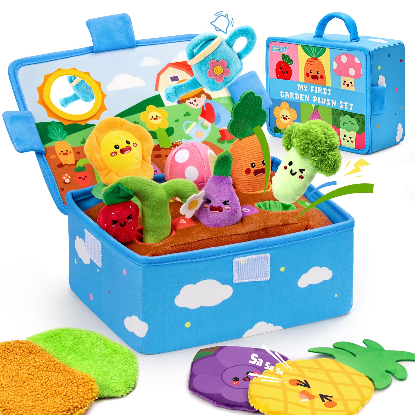 Baby Toys 6-12 Months, Montessori Sensory Garden Plush Set Vegetable Fruits, Baby Developmental Learning Toys with Rattle Squeaker Mirror Texture Tissue, Gifts for 6+ month old Boy Girl Christmas