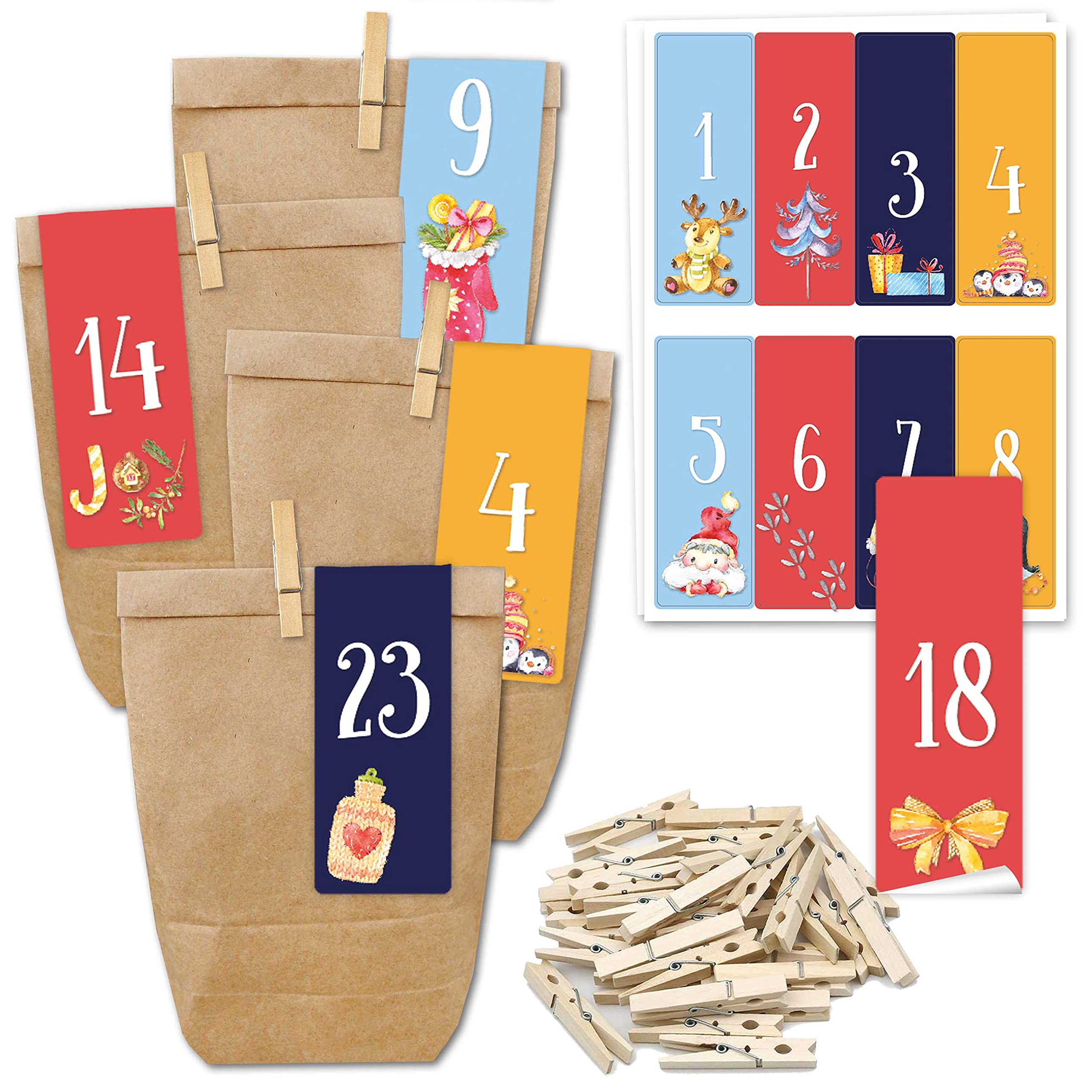 Papierdrachen Advent Calendar for Filling – 24 Gift Bags and 24 Number Stickers and Clips – Cosy Christmas Motif – to Fill and Make Yourself – Christmas – Mini Set No. 271