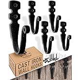 Cast Iron Wall Hooks (5 Pack) Handmade Blacksmith - Wall Mounted J Hooks - Farmhouse Decorative - Vintage Hooks for Hanging Coats, Bags or Pots in Pantry (2 Screws Each Hook for Strength)