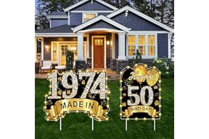 PUYRUIV 2Pcs Black Gold 50th Birthday Yard Sign Decoration with String Lights for Men Women,Happy 50th Birthday Made in 1974 Lawn Sign Party Supplies,Fifty Year Old Birthday with Lights Yard Stakes Decor