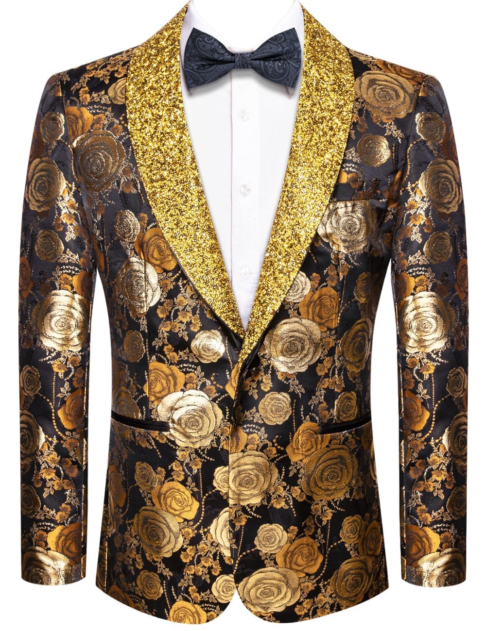 Hi-Tie Stylish Men Suit Jacket Blazer Shawl Lapel One Button Slim Fit Long Sleeve Jacket Tuxedo Party Dinner,D-Gold Black,Small Image