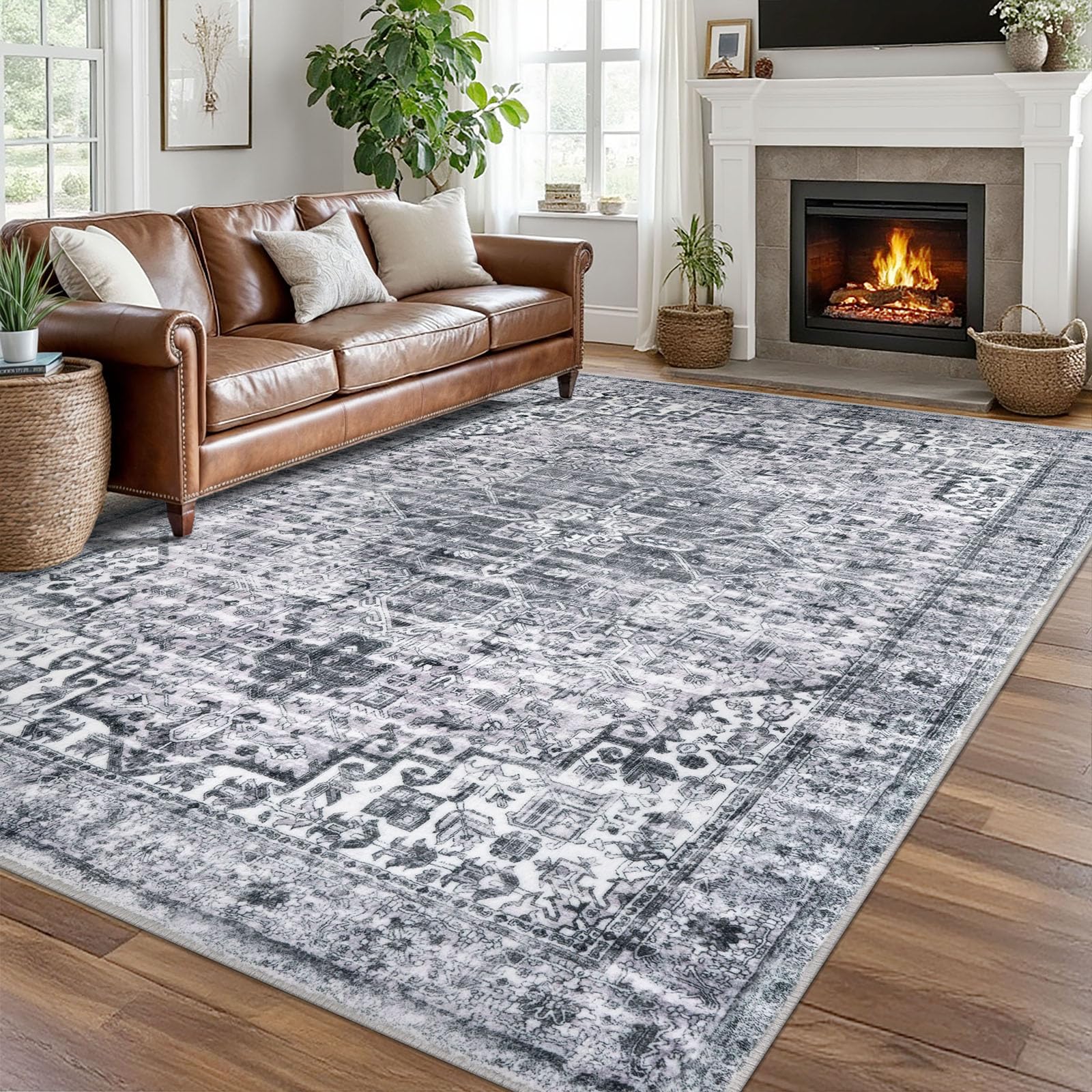 SIILOOM 8x10 Area Rugs for Living Room, Machine Washable Large Grey Blue White Printed Rugs Non-Slip, Ultra Soft Vintage Floral Traditional Farmhouse Carpet for Dining Room Bedroom Home Décor Image