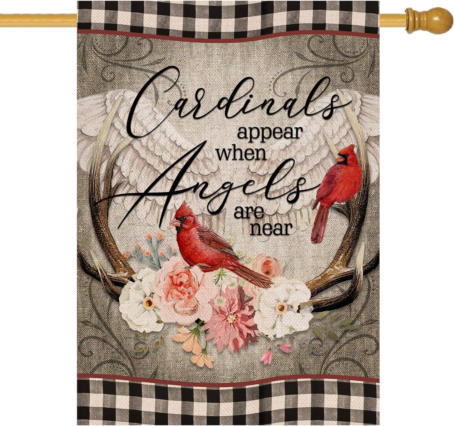 Hzppyz Cardinals Appear When Angels are Near Home Decorative House Flag, Buffalo Check Plaid Garden Yard Red Bird Wings Decor Double Sided, Spring Outside Decoration Farmhouse Outdoor Large Flag 28x40