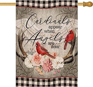 Hzppyz Cardinals Appear When Angels are Near Home Decorative House Flag, Buffalo Check Plaid Garden Yard Red Bird Wings Decor Double Sided, Spring Outside Decoration Farmhouse Outdoor Large Flag 28x40