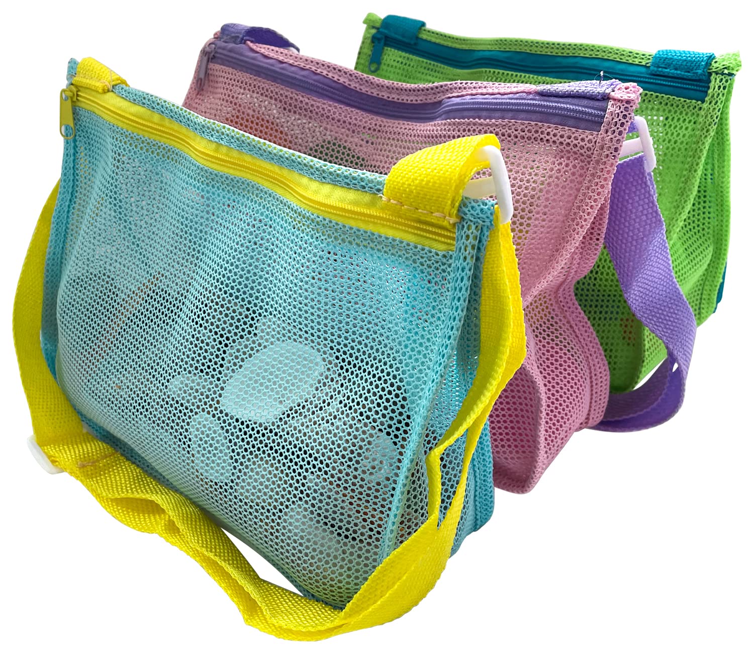 Geiomoo Beach Toys Mesh Bags, Kids Shell Collecting Totes with Zipper and Adjustable Carrying Strap (Blue+Purple+Yellow)