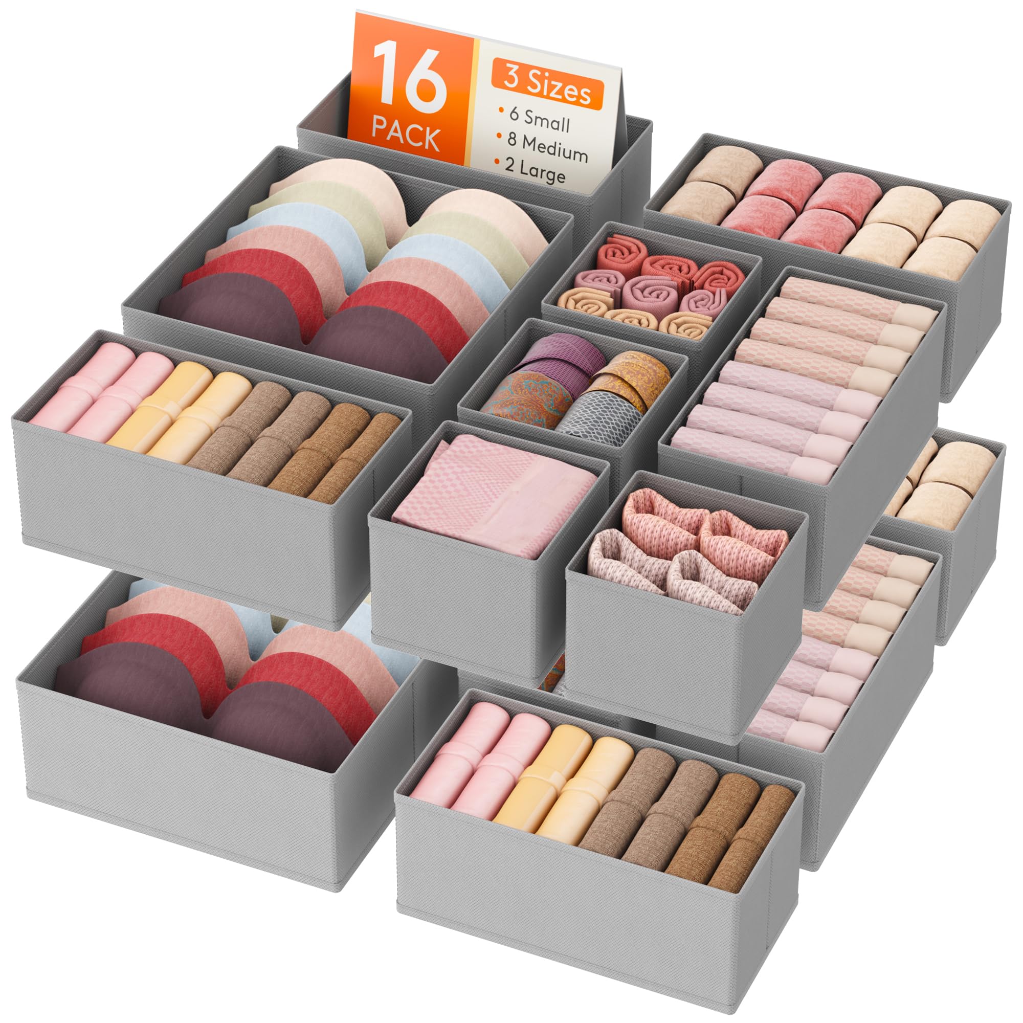 Photo 1 of Lifewit Drawer Organizer Clothes for Closet 16 Pack, 3 Sizes Underwear Wardrobe Drawer Dividers, Fabric Foldable Dresser Storage Organizer Bins for Sock, Bra, Lingerie, Undies, Grey