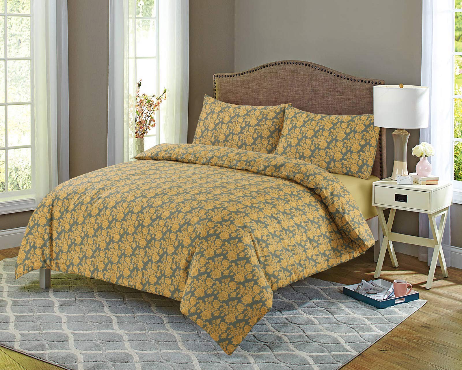 Mastex Printed Duvet Cover Double Bed Set – (Blossom - Gold – double) - 100% Egyptian Cotton – Ultra Soft Assorted Design Quilt Cover – Hotel Quality Bedding Sets