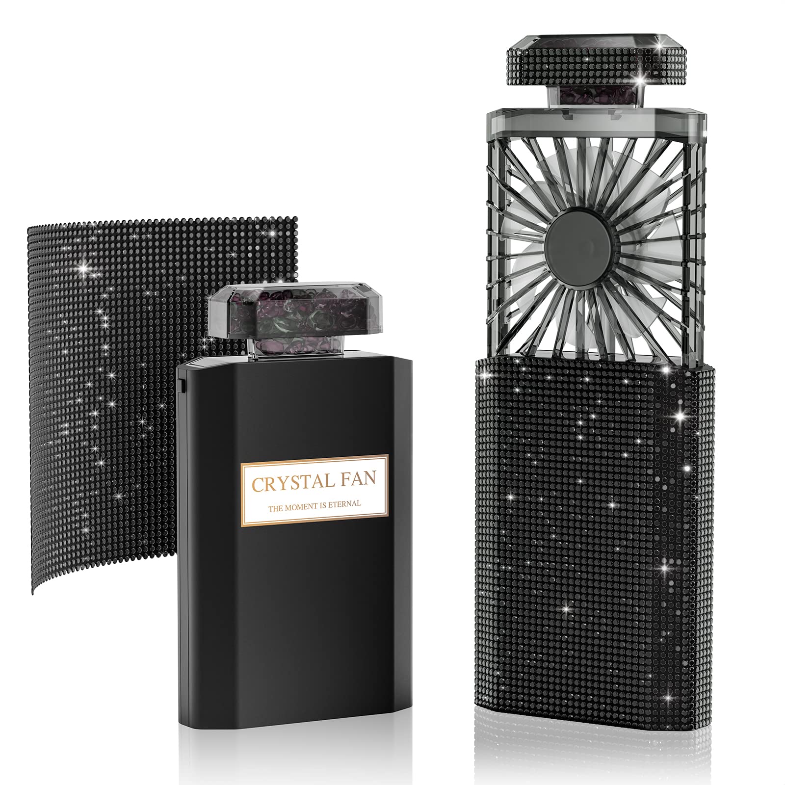 SPOLEY Mini Handheld Fan with Healing Crystal Stone & Aroma Therapy, Powerful Portable Hand Fan, USB Rechargeable 3 Speed, Pull-out of Desk Gifts for Outdoor Indoor - Diamond Black (PCXS-XFS)