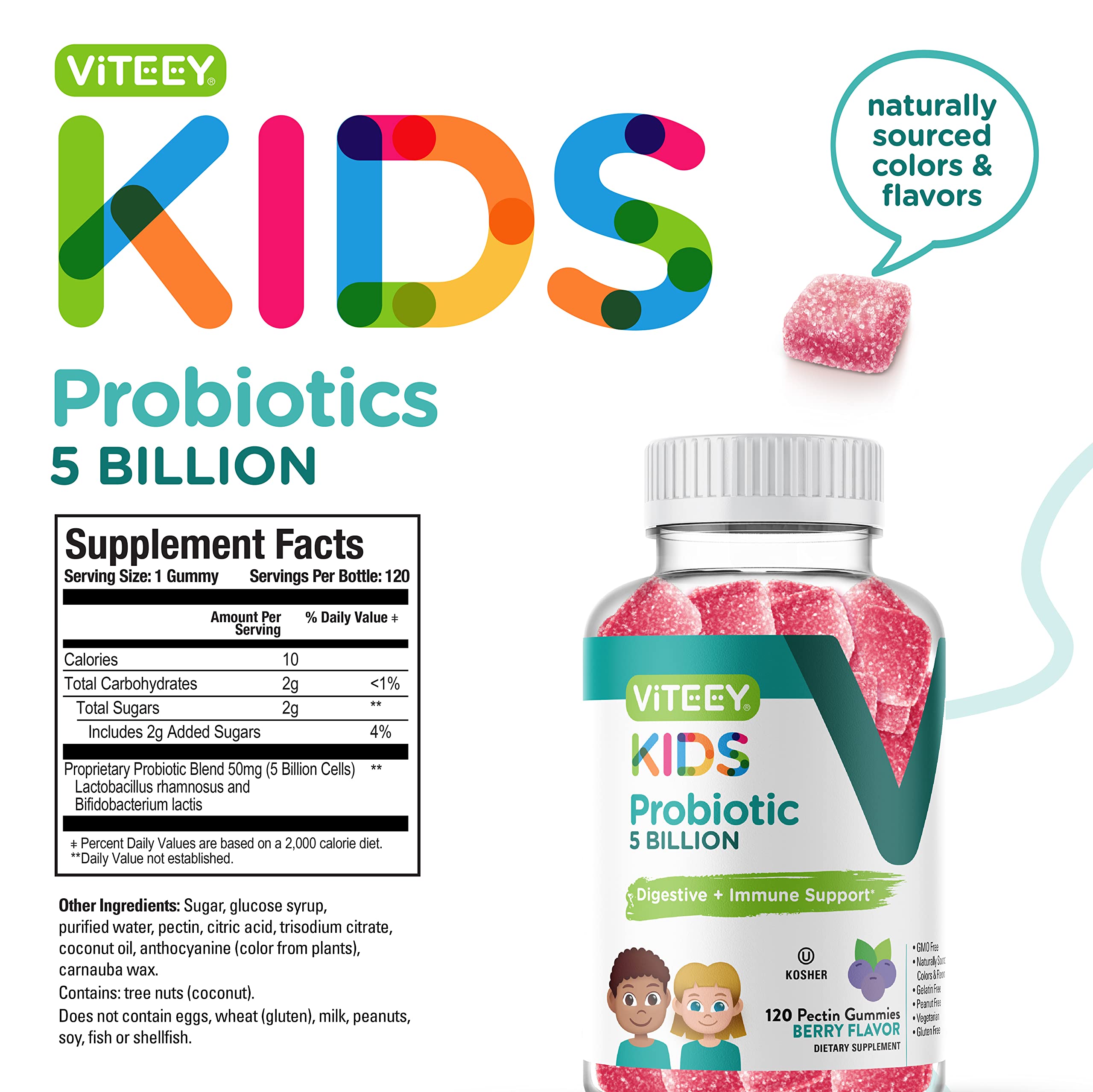 Probiotic Gummies for Kids - 5 Billion CFUs - Probiotics Kids Constipation Relief, Natural Immune & Digestive Health Support - Vegetarian, Gelatin Free, GMO Free - Tasty Chewable Berry Flavored Gummy