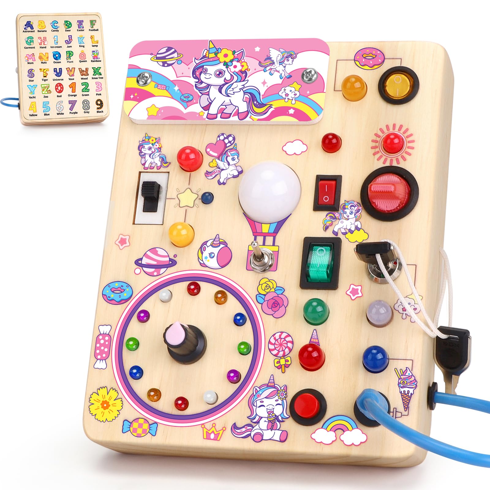 Unicorn Montessori Busy Board for toddlers for 1 year old Activity Board Wooden Toy With 10 Switches and 23 LED Lights Sensory Board Motor Skills Toy for Babies and Children from 1 2 3 years Girls