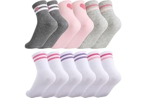 6 Pairs Kids Crew Socks with Stripes Hearts, Junior Cotton School Sports Socks, Athletic Breathable Casual Sock for Girls and